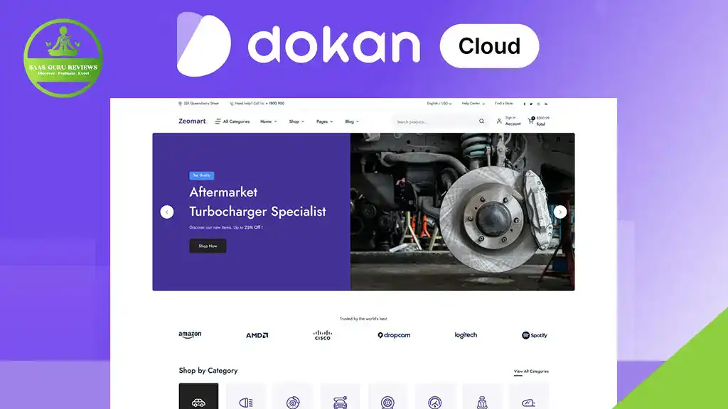 A screenshot of the Dokan Cloud ecommerce solution homepage featuring automotive parts, a navigation menu, and various brand logos displayed below the main banner—perfect for launching your online business.