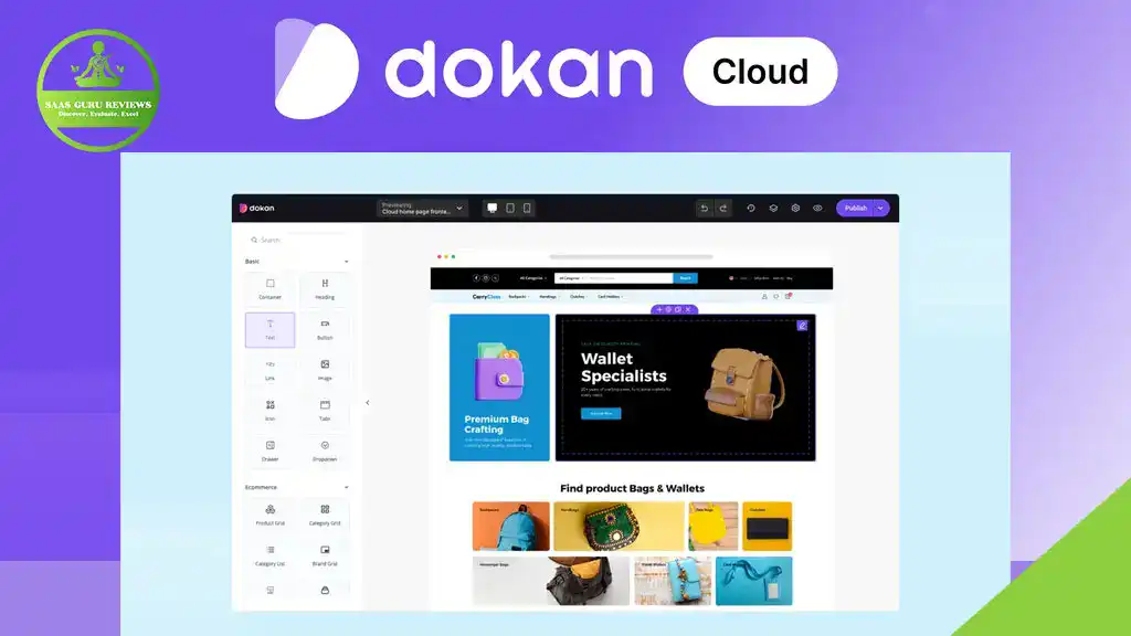 Screenshot of the Dokan Cloud platform interface displaying an online store dashboard, perfect for managing your online business with product and wallet options on a purple gradient background.