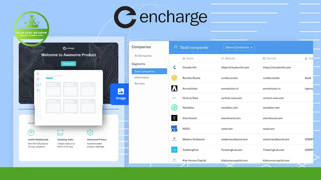 Screenshot of the Encharge SaaS platform displaying a dashboard, company selection interface, and a list of SaaS companies with associated domains—perfect for email marketing and marketing automation management.