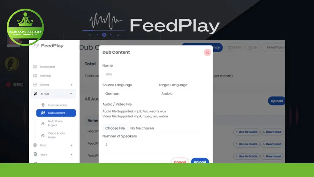 A computer screen displays the FeedPlay interface, showing a menu for dubbing content with options for languages, audio/video files, and number of speakers.
