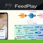 A smartphone displays a 70% off offer for a pearl necklace. Above, the FeedPlay process—Attract, Capture, Qualify—is illustrated with logos of various marketing tools.