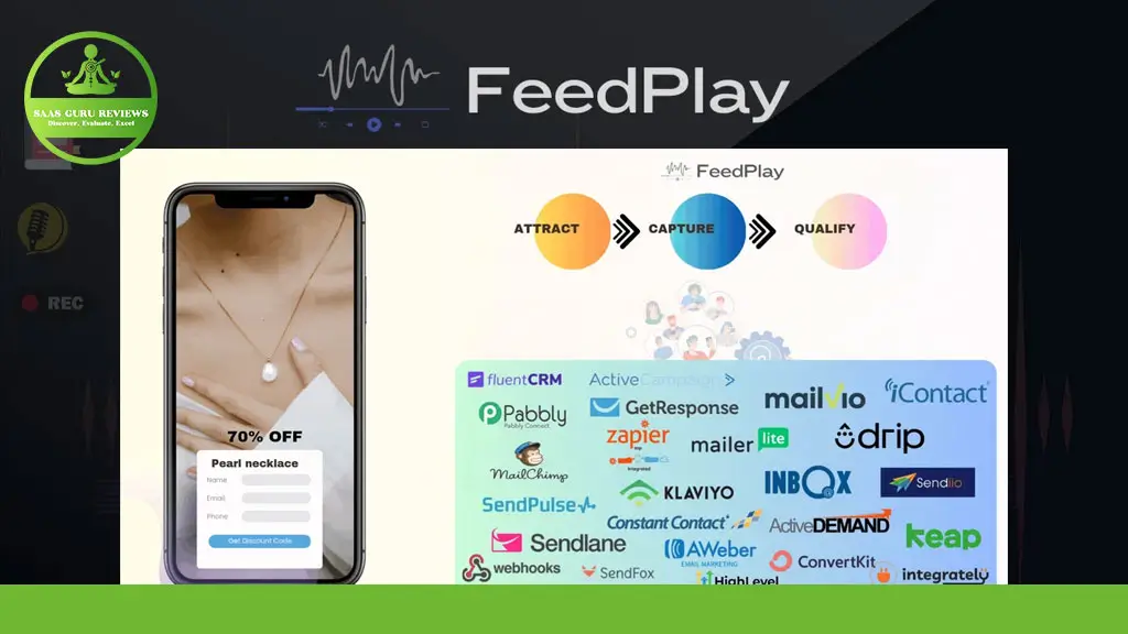 A smartphone displays a 70% off offer for a pearl necklace. Above, the FeedPlay process—Attract, Capture, Qualify—is illustrated with logos of various marketing tools.