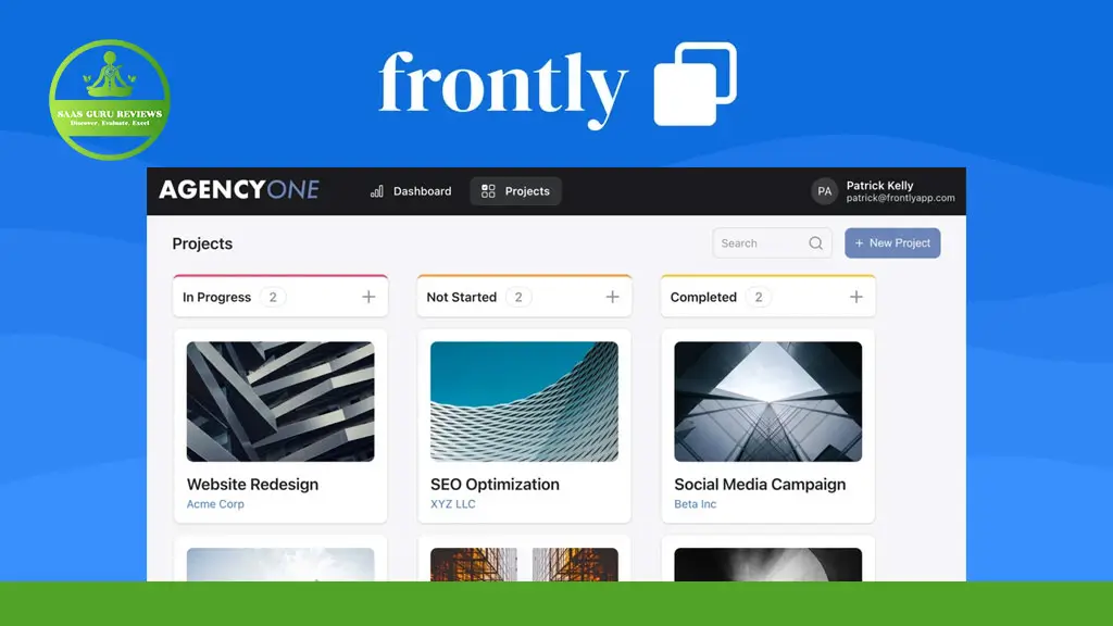 Screenshot of a project management dashboard showing project statuses: In Progress, Not Started, and Completed, under the branding "frontly" and "AGENCYONE.