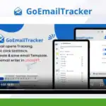 Screenshot of the GoEmailTracker interface showing features like Google Workspace integration, email open tracking, link click statistics, email templates, and AI email writing in chatGPT.