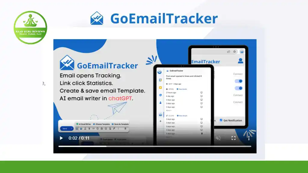 Screenshot of the GoEmailTracker interface showing features like Google Workspace integration, email open tracking, link click statistics, email templates, and AI email writing in chatGPT.