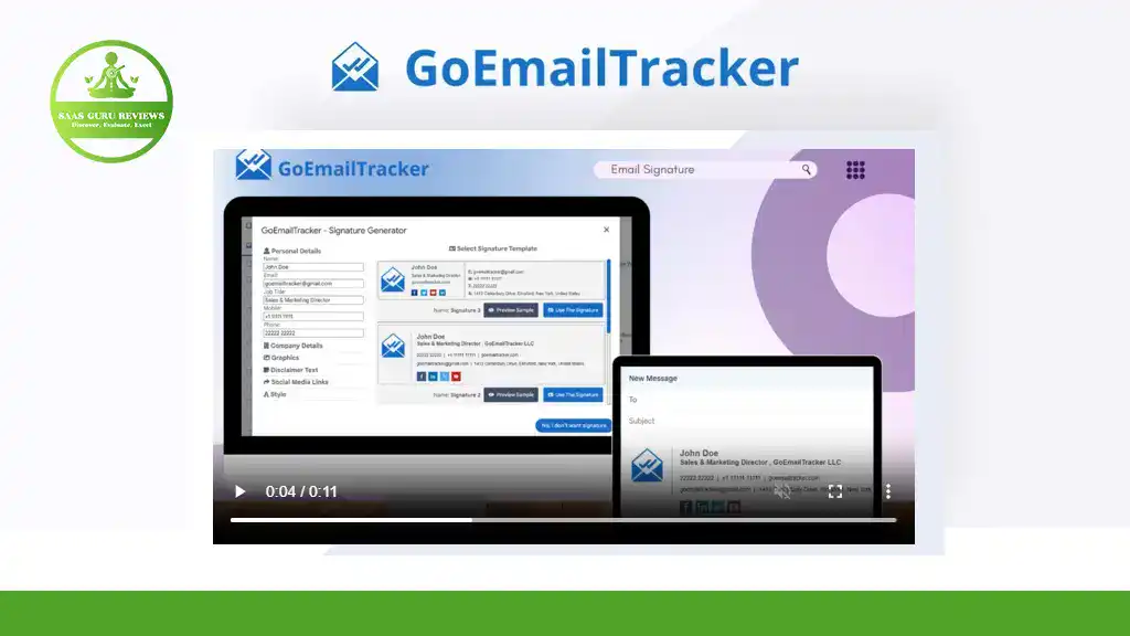 Screenshot of the GoEmailTracker software interface displaying email signature creation options on a laptop and mobile device, highlighting its seamless email tracker integration with Google Workspace.