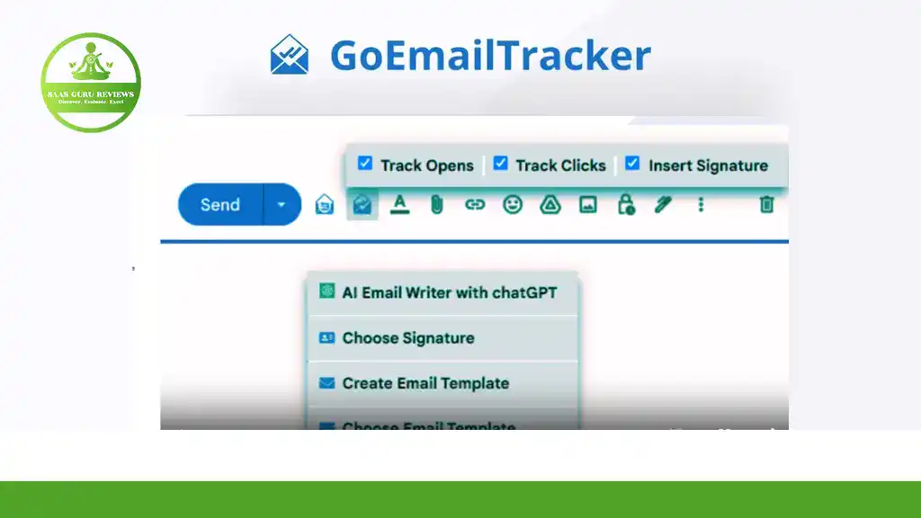 Screenshot of the GoEmailTracker interface within Google Workspace, displaying options to track email opens, monitor clicks, insert a signature, and access AI email writing features.