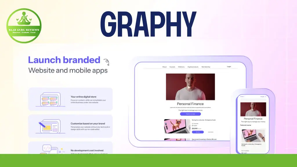 A digital mockup displays a personal finance website on a desktop and mobile device, with text promoting branded website and app creation.