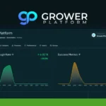 A dashboard from Grower Platform displays graphs for Click-Through Rate and Success Metrics, showing performance trends over several months.