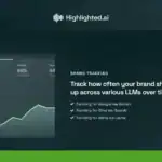 A dashboard from Highlighted.AI displays brand tracking analytics, including AI overview tracking, with a line graph and checklist for monitoring brand mentions across LLMs like Google, Bing, and Meta.