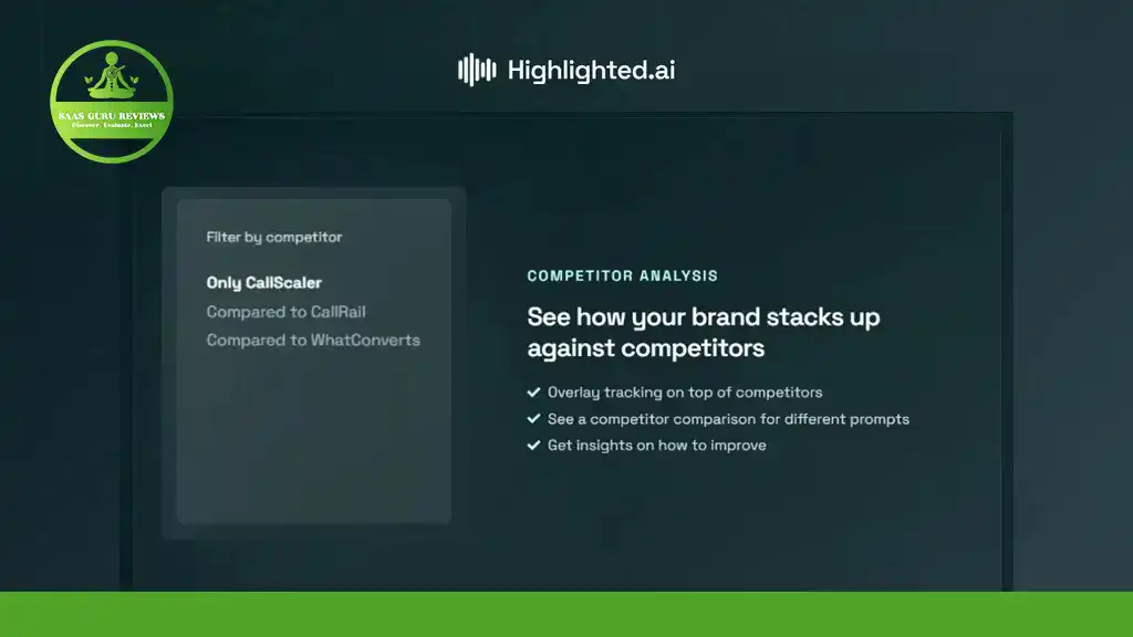 A digital dashboard displays competitor analysis options, with features like overlay tracking, competitor comparison, and improvement insights powered by the AI overview tracking tool. BAS Guru Reviews logo is in the top left corner.