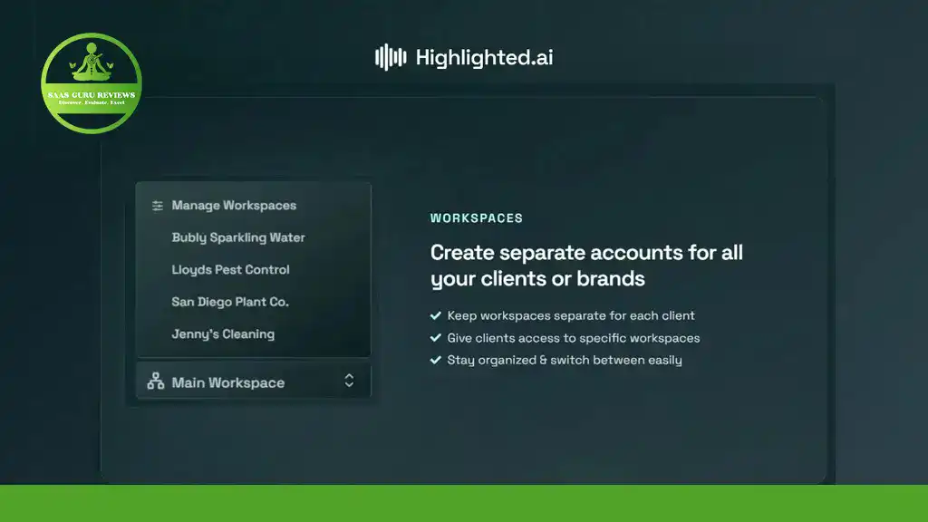 Screenshot of the Highlighted.ai interface showing workspace management features, including a list of workspaces and an AI tracking tool section explaining account separation for clients or brands.