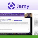 A computer screen displays a Jamy demo report with a video call window at the top right and text content in Spanish on the right side. The Jamy logo is visible above the screen.