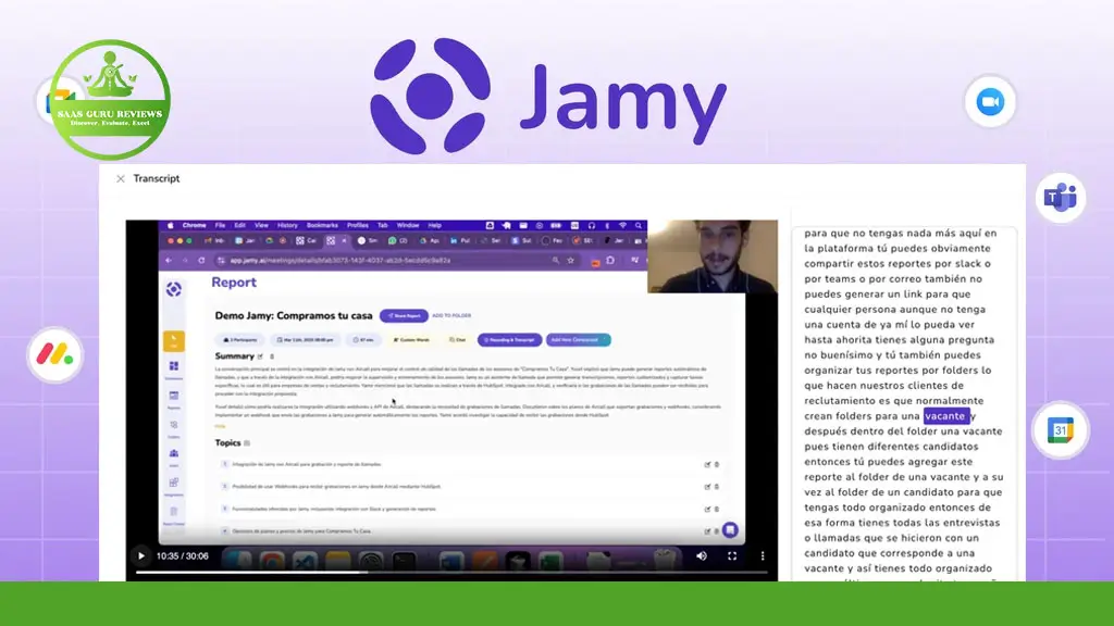 A computer screen displays a Jamy demo report with a video call window at the top right and text content in Spanish on the right side. The Jamy logo is visible above the screen.