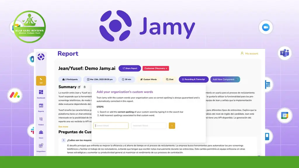 Screenshot of a web interface for Jamy.ai, showing a report page with summary sections, custom word input, and navigation tabs.