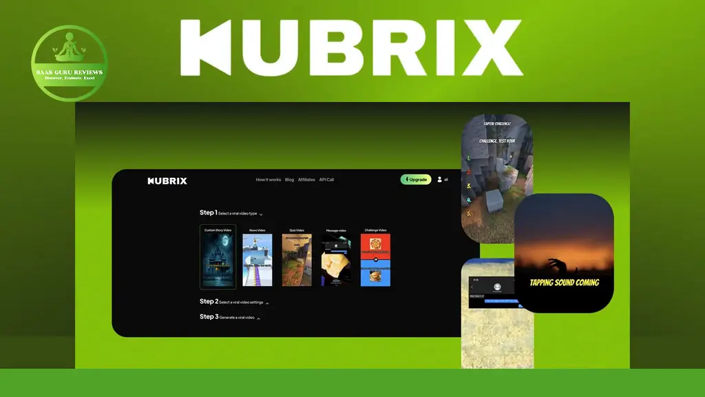 A website interface for "KUBRIX" is displayed on a green background, with additional images of game content and a "Raas Cred Reviews" badge in the top left corner.