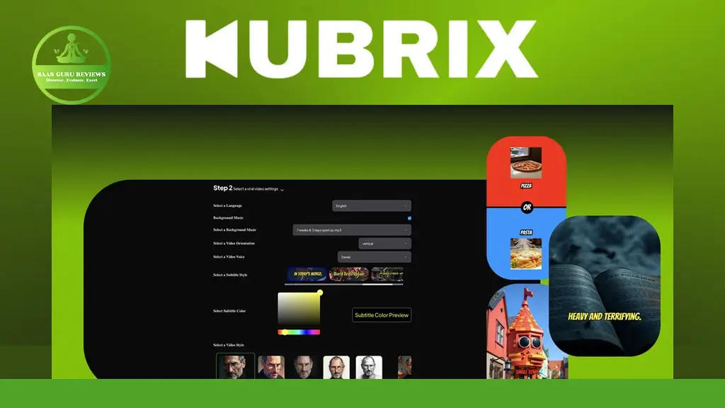A green-themed digital interface displays the word "KUBRIX" at the top, with a logo on the left and various content preview thumbnails and a color selection tool below.