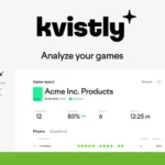 A screenshot of the kvistly platform showing a game report for "Acme Inc. Products" with statistics on duration, accuracy, players, and time. The kvistly logo is at the top.