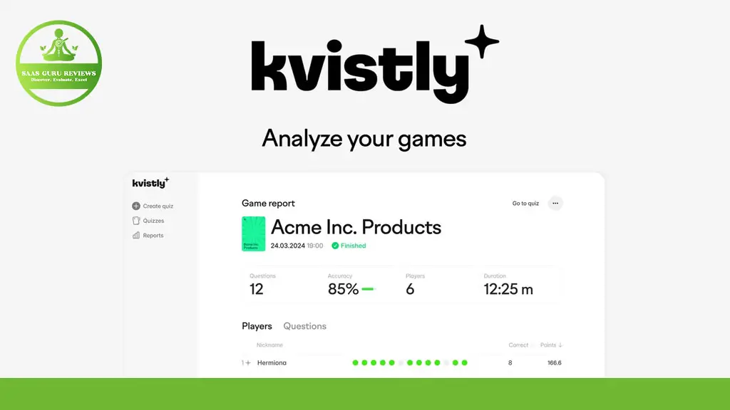 A screenshot of the kvistly platform showing a game report for "Acme Inc. Products" with statistics on duration, accuracy, players, and time. The kvistly logo is at the top.