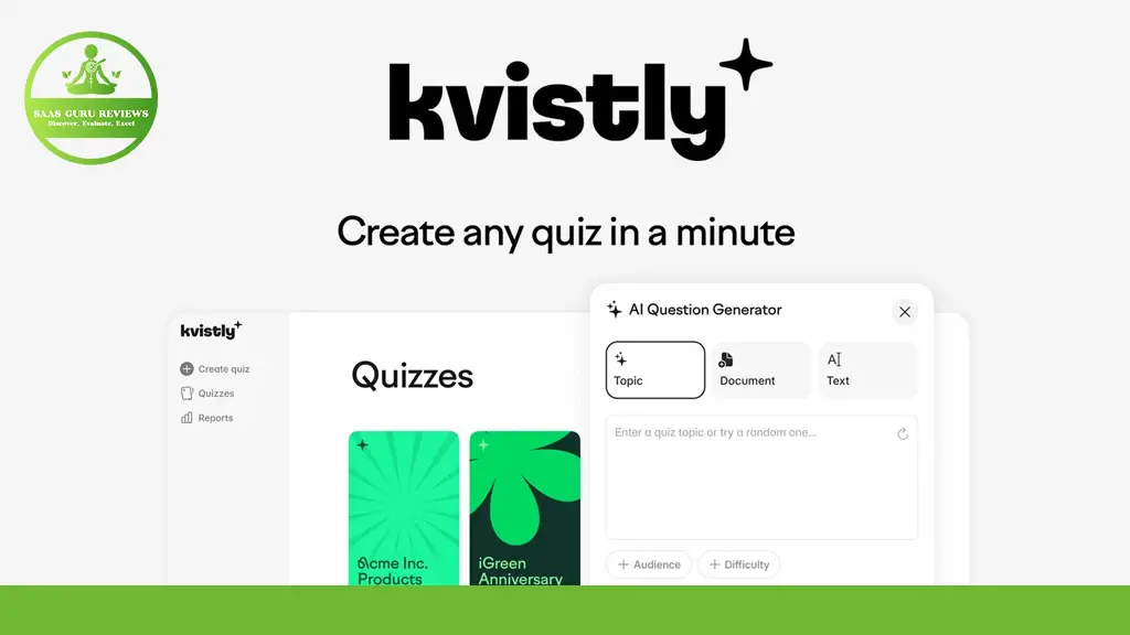 Screenshot of the kvistly platform showing options to create quizzes with an AI question generator, featuring a simple user interface and quiz templates.