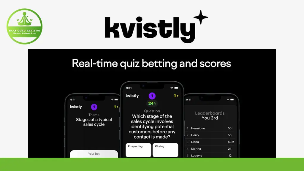 Three smartphones display the Kvistly app interface, showing a quiz question, answer choices, scores, and a leaderboard under the text "Real-time quiz betting and scores.