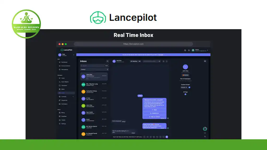 Screenshot of the Lancepilot web app displaying its real-time inbox interface, seamlessly managing messages and contacts on a sleek dark-themed dashboard—perfect for those seeking a WhatsApp CRM in an intuitive SaaS platform.