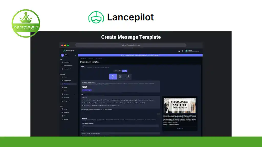 Screenshot of the Lancepilot platform's "Create Message Template" page, showcasing template options for crafting a promotional message in its sleek, dark SaaS interface—ideal for managing campaigns with this WhatsApp CRM.