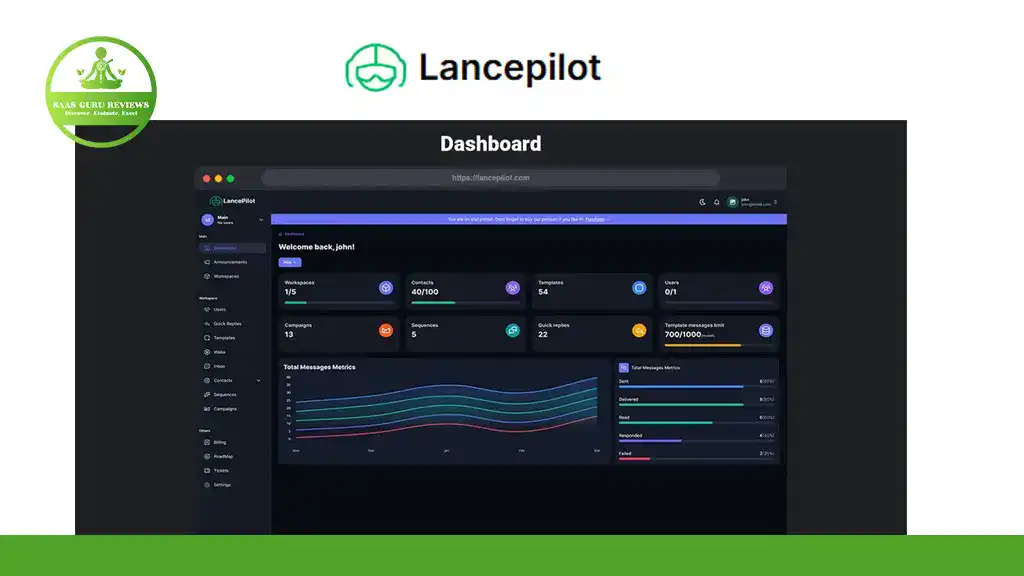A screenshot of the Lancepilot dashboard shows various metrics, graphs, and navigation menus on a dark SaaS interface, with the Lancepilot logo at the top.