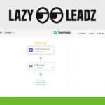 Screenshot showing the "Lazy Leadz" logo at the top with a flowchart in TaskMagic below, mapping steps from "Form Submission" to "New Lead.