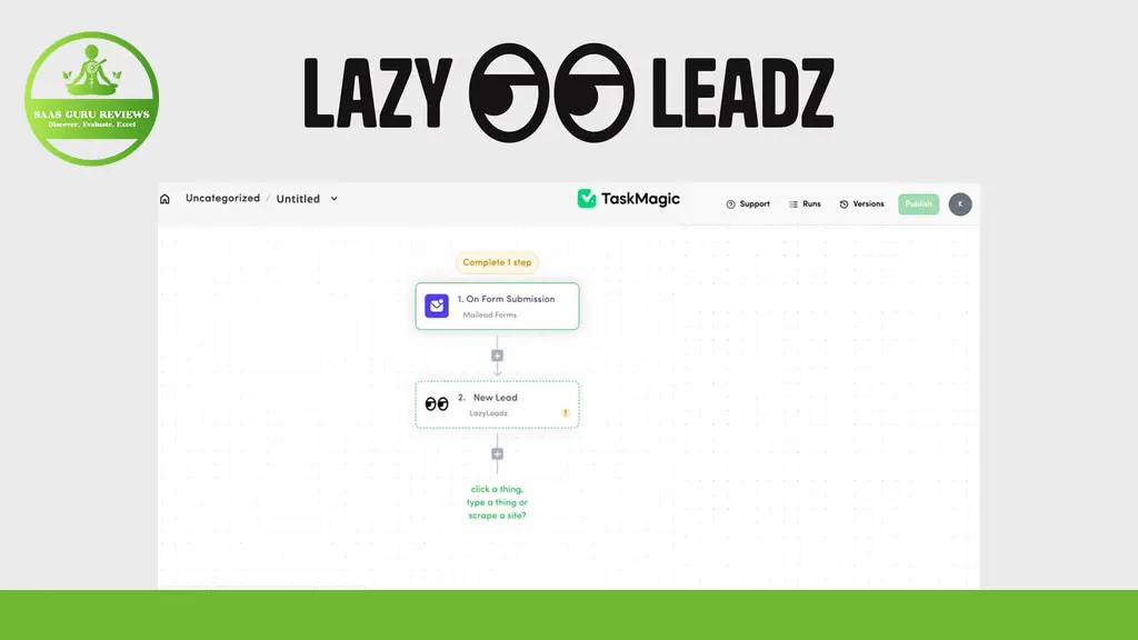 Screenshot showing the "Lazy Leadz" logo at the top with a flowchart in TaskMagic below, mapping steps from "Form Submission" to "New Lead.