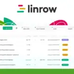 Screenshot of the Linrow dashboard displaying a list of tasks with metrics for deal value, meetings, contacts, status filters, and LinkedIn automation tools. BAAS Guru Reviews logo is visible in the top left corner.