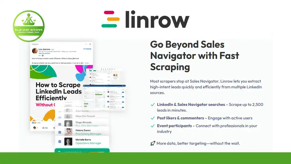 Linrow marketing image highlighting LinkedIn Scraper features, including fast searches, extracting leads, and engaging with event participants for targeted outreach. Unlock efficiency with our exclusive LinkedIn Lifetime Deal.