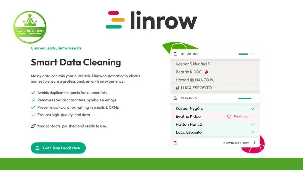 Screenshot of Linrow's Smart Data Cleaning feature highlighting automated duplicate removal, improved imports, a sample interface with a downloadable CSV button—ideal for optimizing your LinkedIn Scraper workflow.