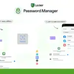 Screenshot displaying the Locker Password Manager app interface, highlighting its open-source status, Face ID login, and robust account list features for enhanced digital security.