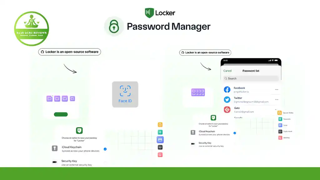 Screenshot displaying the Locker Password Manager app interface, highlighting its open-source status, Face ID login, and robust account list features for enhanced digital security.