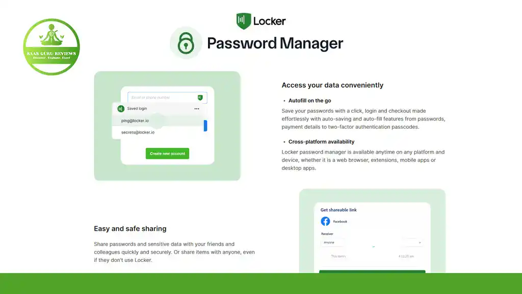Screenshot of a password manager webpage highlighting digital security features like secure data access, cross-platform availability, and easy sharing options, with green accents and a circular logo on the left.