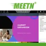 Screenshot of a MEETN webinar interface displaying a presentation slide titled "Market Expansion," with video call participants on the left and chat options on the right—an ideal choice for those seeking Zoom alternatives for virtual meetings.