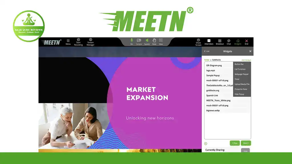 Screenshot of a MEETN webinar interface displaying a presentation slide titled "Market Expansion," with video call participants on the left and chat options on the right—an ideal choice for those seeking Zoom alternatives for virtual meetings.