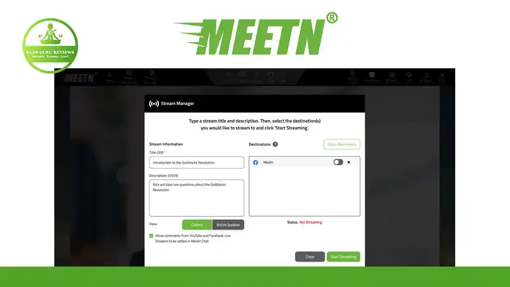 Screenshot of the MEETN streaming interface displaying fields for stream title, description, destination selection, and options to start or stop streaming—an excellent Zoom alternative for virtual meetings.