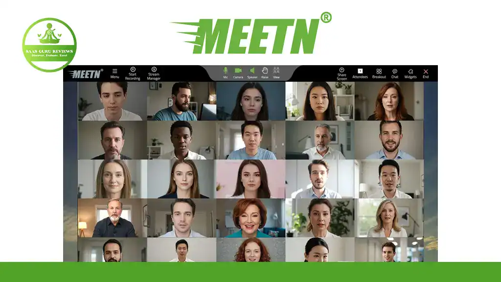 Screenshot of a virtual meeting on the MEETN platform, a standout choice among Zoom alternatives, showing 25 participants in a grid layout with meeting controls visible at the top.