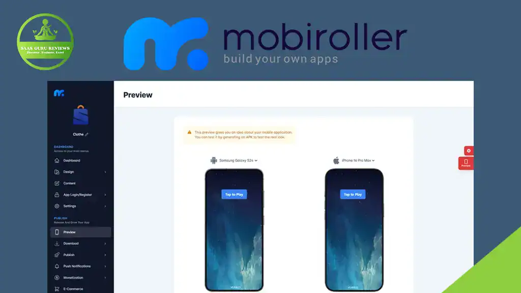 Screenshot of the Mobiroller app builder interface showing a preview of a mobile application on Samsung Galaxy and iPhone devices, letting you create apps without coding using this free mobile app builder.