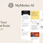 Screenshot of the MyMemo AI webpage (2025) showing the logo, tagline "Build Your Second Brain With AI," and a grid of digital notes and articles—highlighting this innovative memory tool in action.