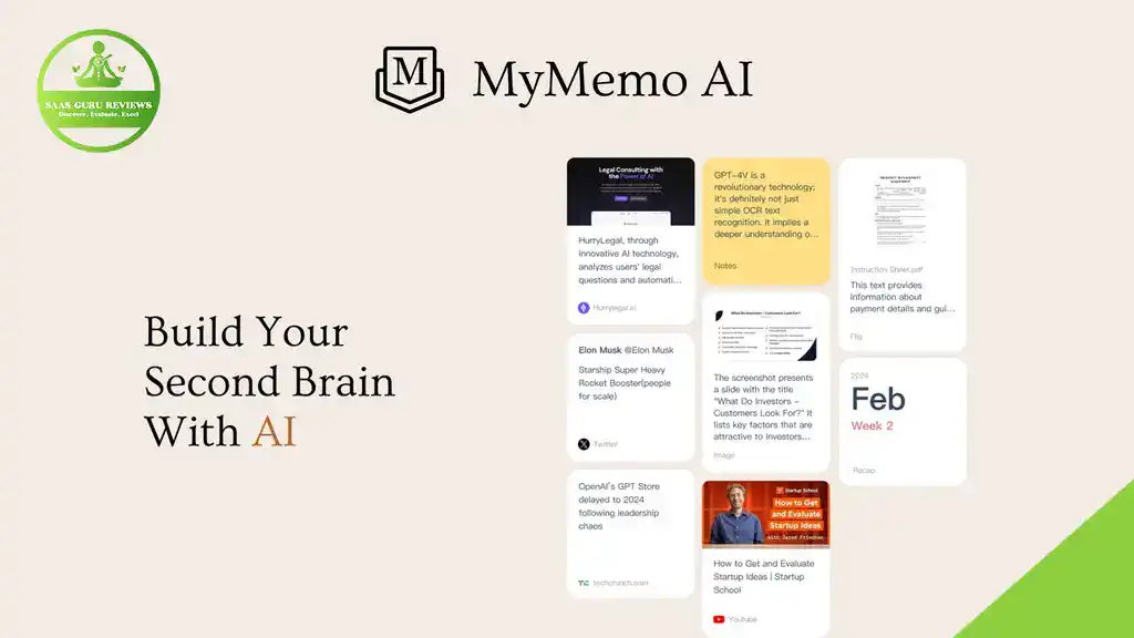 Screenshot of the MyMemo AI webpage (2025) showing the logo, tagline "Build Your Second Brain With AI," and a grid of digital notes and articles—highlighting this innovative memory tool in action.
