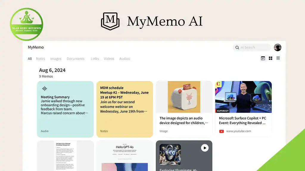 Screenshot of the MyMemo AI dashboard showing audio summaries, notes, and video previews—an innovative memory tool—with the MyMemo AI logo and a green badge in the top left corner.