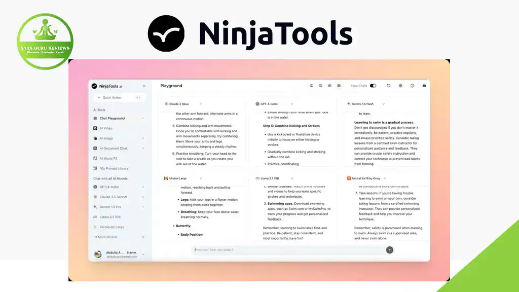 Screenshot of the NinjaTools AI web interface displaying an All-in-One AI dashboard with navigation on the left and multiple text columns in the main area under the Playground section.