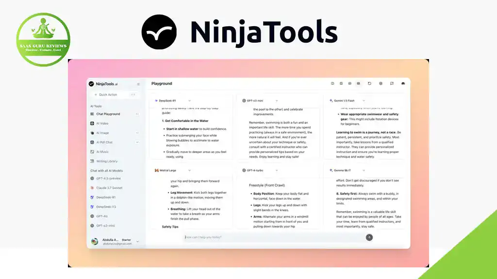Screenshot of the NinjaTools AI Workspace dashboard displaying multiple columns of categorized notes and tasks, with the NinjaTools logo and name above the interface.