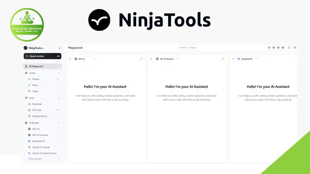 Screenshot of the NinjaTools AI interface displaying three side-by-side AI assistant chat windows and a sidebar with navigation options—your all-in-one AI workspace.