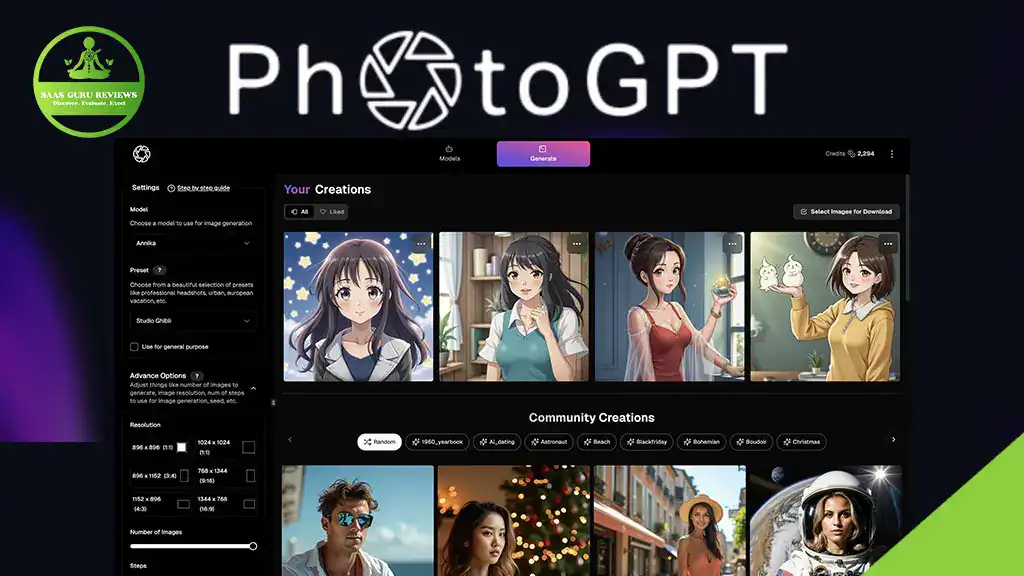 Screenshot of the PhotoGPT AI interface showing anime-style and realistic portraits, with powerful image transformation settings and community creations visible on the screen.
