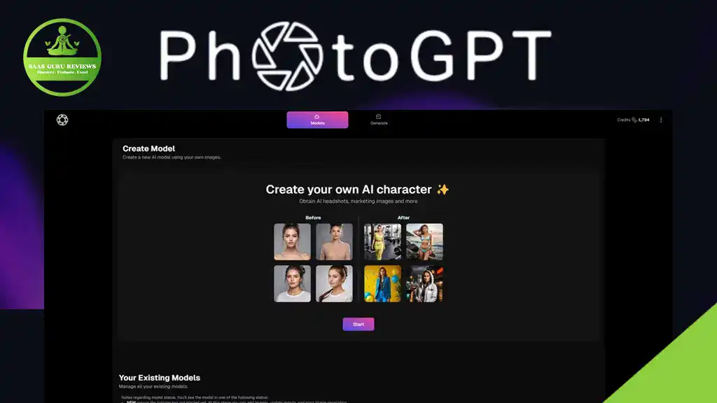 Screenshot of the PhotoGPT AI interface showing an option to transform images and create an AI character using uploaded photos, with image examples and navigation buttons visible.