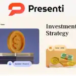 A presentation slide titled "Investment Strategy" featuring coin graphics, the Presenti logo, a 2050 date, and speaker label "Presenti," created with the Presentia AI presentation maker for high-impact creation.